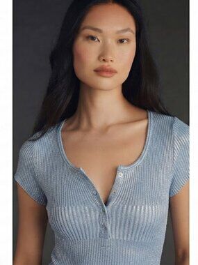 Anthropologie Pilcro Silver Blue Andie Ribbed Henley Top
